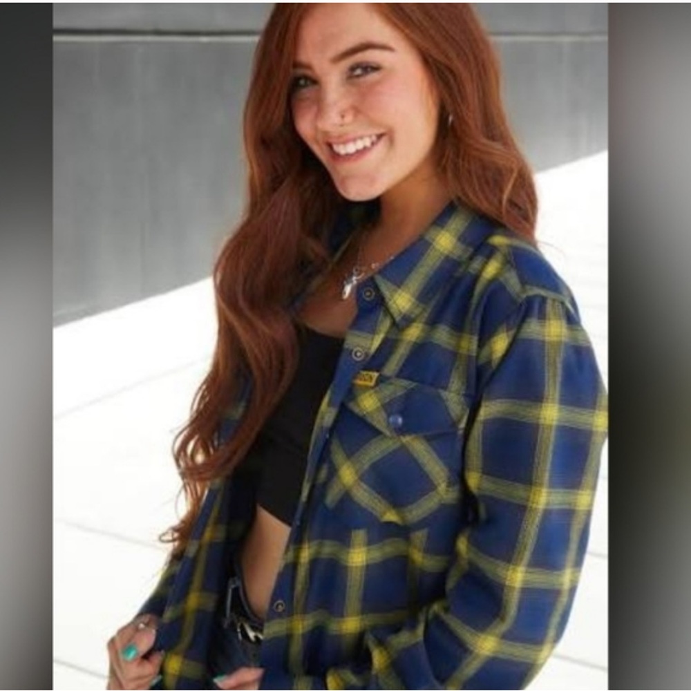 Dixxon Aim High Pearl Snap Flannel in Blue/Yellow Plaid Size XL